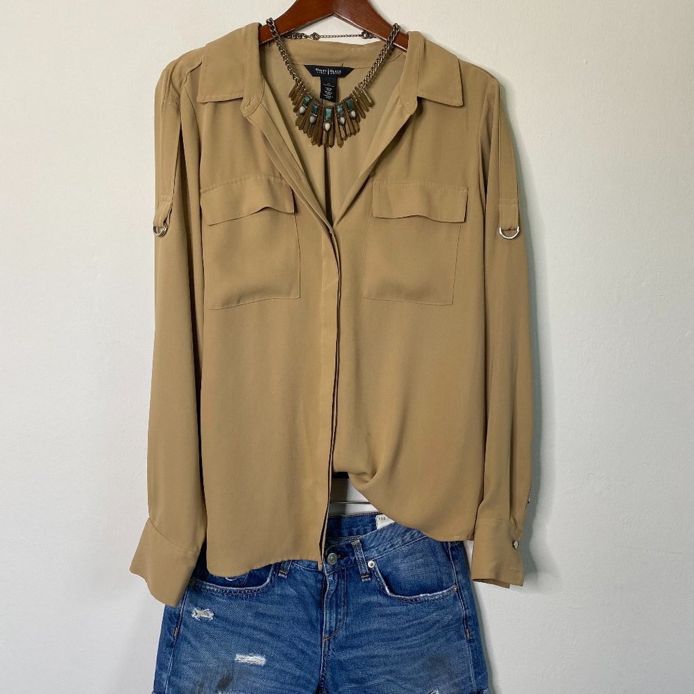 White House Black Market Camel Utility Button Shirt Roll Tab Size 14